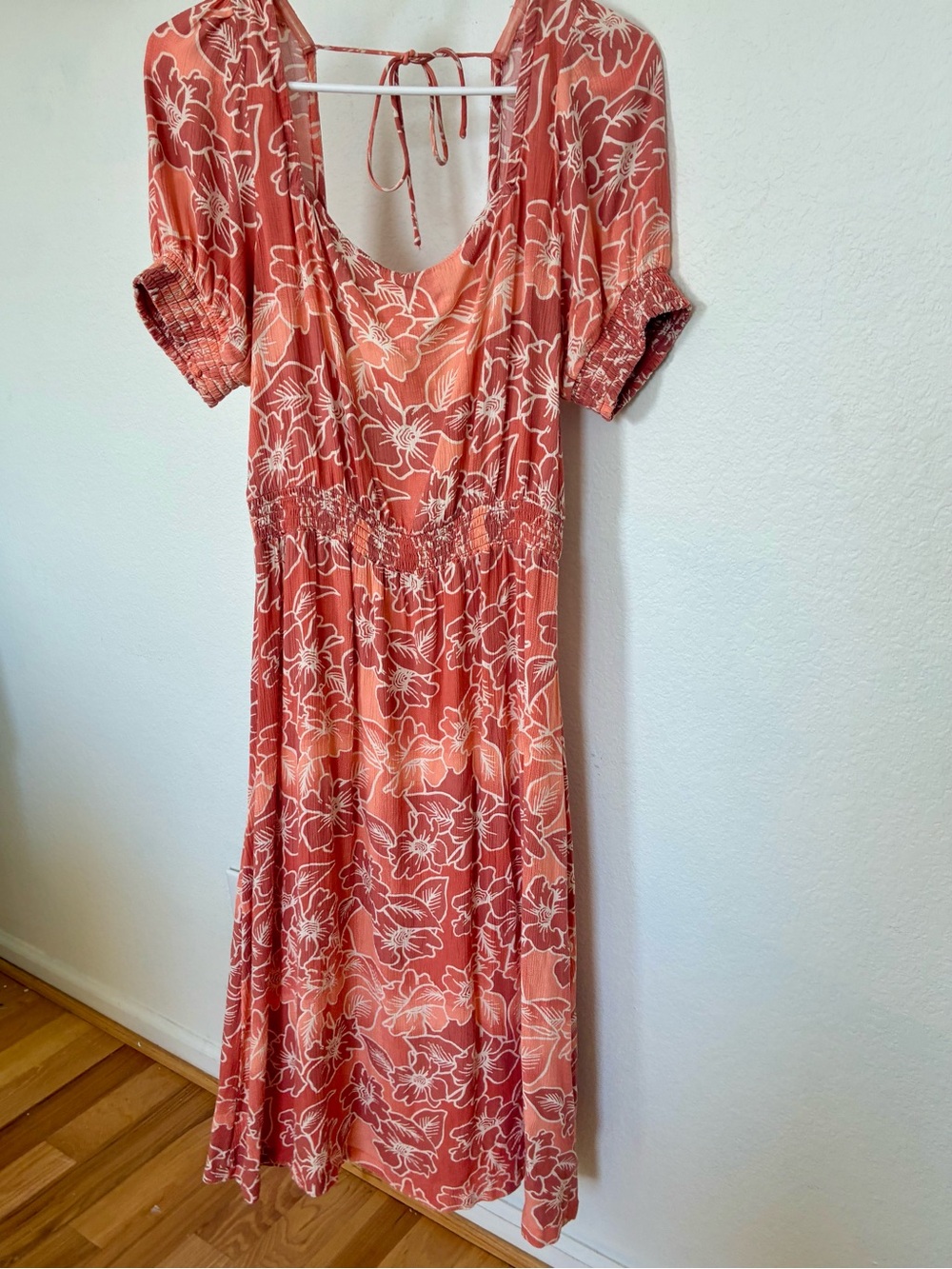 Roxy Coral-Peach Floral Midi Dress with Tie Back coastal beachy surfer boho